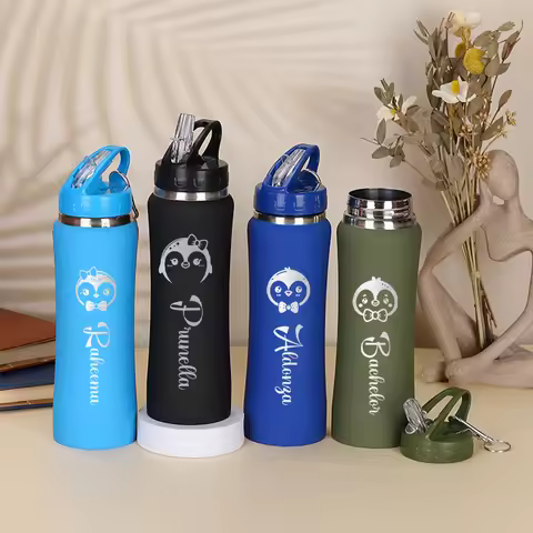 1PC Personalized Stainless Steel Water Bottle, Custom Name & Cartoon Penguin, Insulated Sports Water