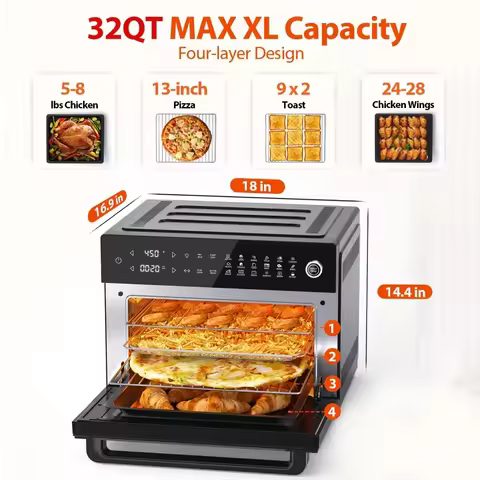 32-Quart Toaster Oven Combo, Large Air Fryer Oven with Rotisserie, Full Accessories and Dehydrator
