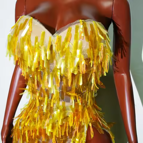 Deep Cut-out Waist Sequin Gown Women Cabaret Costume Evening Party Dress Birthday Stage Performance 