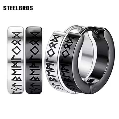 STEELBROS 2025 New Black Silver Color Odin Runes Viking Hoop Earrings Stainless Steel Women Men Pier