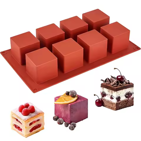 LMETJMA 8 Cavity Cube Cake Mold 3D Square Mousse Cake Baking Mold Silicone French Dessert Mold for C