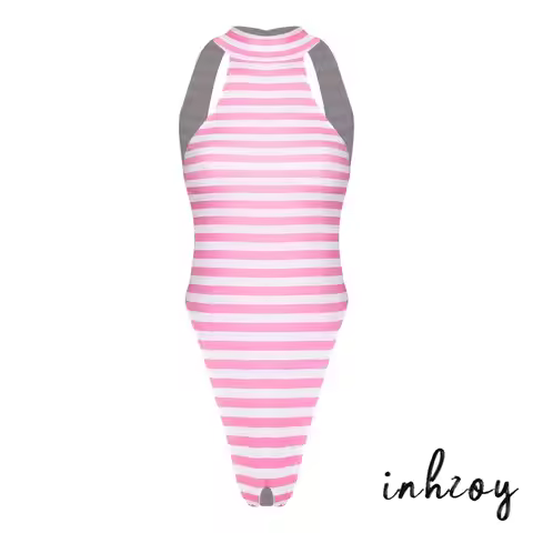 Womens Kawaii Anime-style Striped Bodysuit Reversible Leotard Halter Sleeveless Hollow out Open Crot