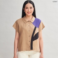 AT Puv อก 44 ยาว 23 เสื้อคอปก เสื้อปกบัว เสื้อสั้น แต่งเย็บต่อรูปดอกไม้ เสื้อผ้าลินิน แท้ 100% เส้นใ