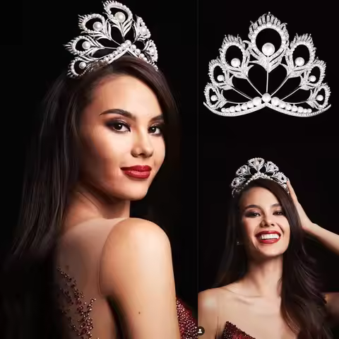 Miss Universe Crown Round Pearl Peakcock Feather Tiara Rhinestone Pageant Prom Crowns Bridal Wedding
