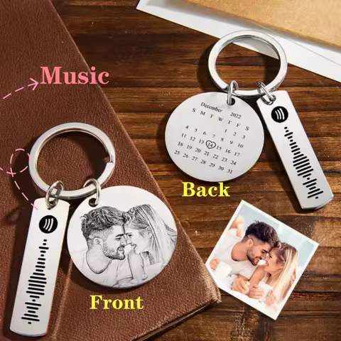 3cm Round Calendar Custom Photo KeyChain Spotify Code Stainnless Personalized Date Engraved Customiz