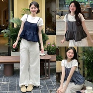 Set áo yếm denim A.751 Áo yếm dáng babydoll ly dọc phối vạt nhún kèm áo thun trắng basic  - Shop Chấ