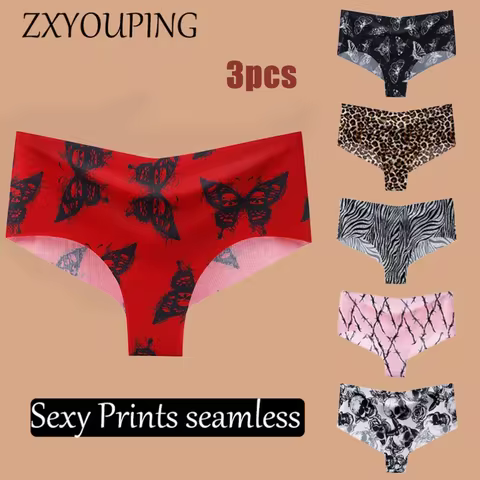 3PCS Printed Ice Silk Seamless Panties Mid-waist Sports Yoga Fitness Invisible Underwear for Women p