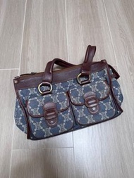 CELINE Tote Bag Paris Macadam Denim Leather Blue Brown Gold Hardware Women's 中古 Vintage  牛仔丹寧Logo波士頓