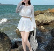 Set 3 món đi biển áo ngực kèm áo croptop ren lỗ và quần short phong cách DX