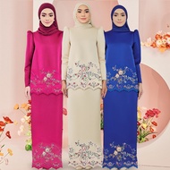 Baju Kurung Moden Satin Baju Raya 2024 Ironless Sulam  Kurung Embroidery Baju Perempuan Tunang/Nikah