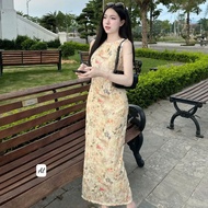 Lady's long dress, floral satin dress with round neck and long body 261(Z4) N.C