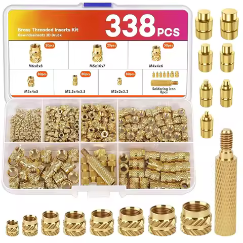 338pcs Threaded Insert Nuts M2/M2.5/M3/M4/M5/M6 3D Printer Brass Embedding Nuts Melting Thread Inser
