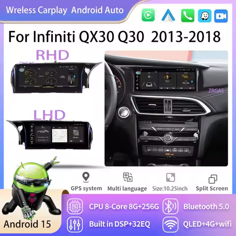 Android 15 Car Radio Wireless Carplay For Infiniti QX30 Q30 2013-2018 Multimedia Video Player GPS Na