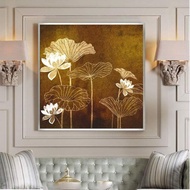 Canvas painting of lotus flower decorative art white yellow brown - 90 x 90 cm