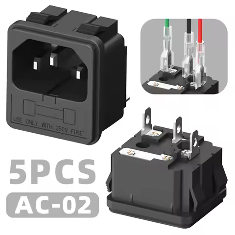 5/20Pcs AC-02 AC Power Socket 250V 10A Fuse Brass 3 Pin Square Electrical Power Socket AC Connector 