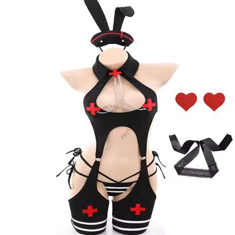 LISM Black Bunny Nurse Lingerie Set Halter Hollow Out Bodysuit with Cross Rabbit Ears Headband Garte