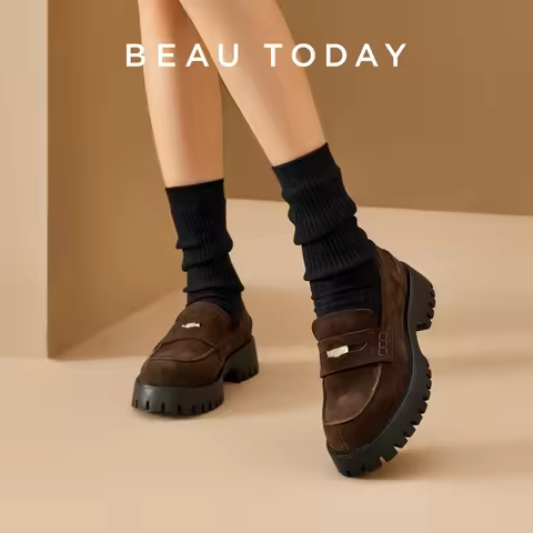 Women's Platform Loafers BeauToday Vintage Women's Loafers Cow Suede Leather Platform Shoes Round To