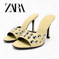 Zara Flat Studs Fashion Women's Shoes Silver Inlaid Solid Color Leather High Heel