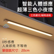 A8-【1個裝】LED智能人體感應燈 磁吸衣櫃感應燈 可調節光度 附磁貼USB充電式 過道長條衣櫃燈廚房櫥櫃燈小夜燈 強力吸附 人體感應燈條 智慧led燈 三色變光 長型 -【20cm】白色