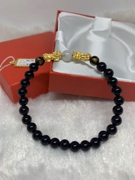 กำไลปี่เซียะคู่ทองคำแท้ 99.99% หินโอนิกซ์ +  มูนสโตน (Black Onyx) น้ำหนักทอง 0.4กรัม พร้อมใบรับประกัน ปี่เซียะทองแท้