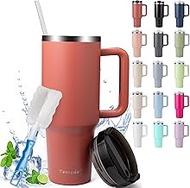 Temede Thermal Mug with Straw and Handle, 30 oz/0.9 L, Large Drinking Cup with Lid and Straw, Coffee
