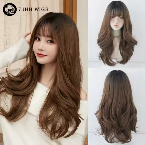 7JHH WIGS Long Body Wave Honey Blonde Wigs with Dark Roots High Density Synthetic Loose Brown Hair W