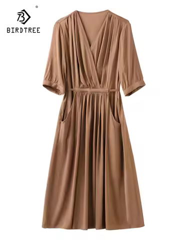 Birdtree 19MM 91.8% Real Silk 8.2% Spandex Dress 2023 Autumn New V-neck Style Versatile Elegant Dres