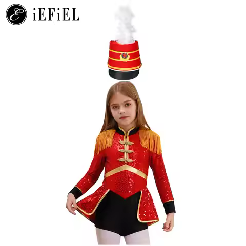 Girls Marching Band Drummer Costume School Majorette Sequins Tassel Long Sleeve Ballet Leotard Dance