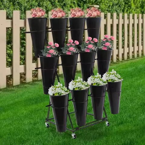 3-Tier Flower Display Stand 19.69x19.69x41.34in 12 Buckets Flower Rack with 4 Silent Wheels for Flor