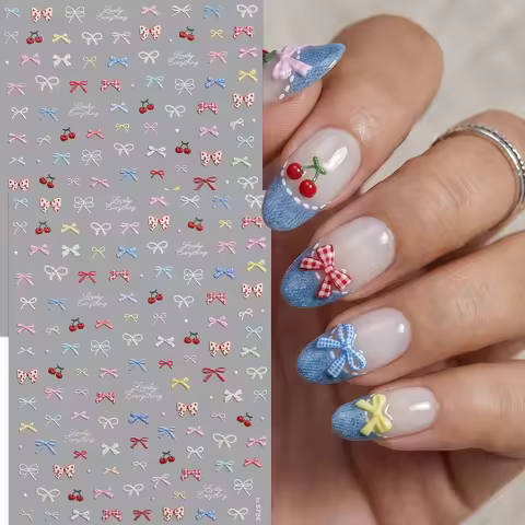 5D Embossed Bow & Cherry Nail Stickers, Sweet Coquette Style Textured Decals for Music Festival, Par