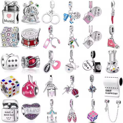 New Fashion 925 Sterling Silver Charm Guitar Dice Headphones candy Pendant DIY Fit Original Bracelet