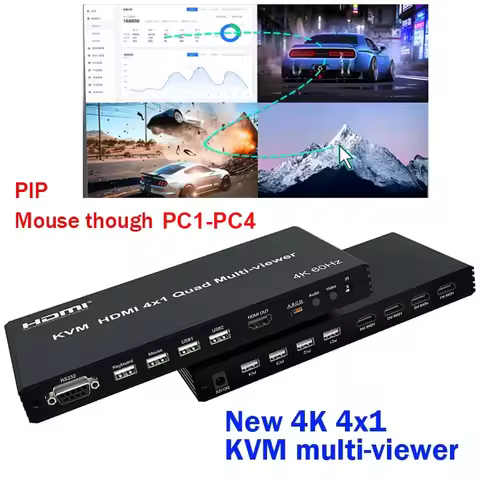 4K 60Hz KVM 2 3 4 Channel HDMI 4x1 Quad Multiviewer PIP 90° Flip ,4 Laptop PC Share One Mouse Keyboa