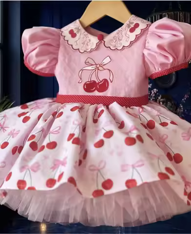 0-12Y Baby Girl Summer Pink Cherry Embroidery Vintage Princess Dress for Birthday Photography Holida