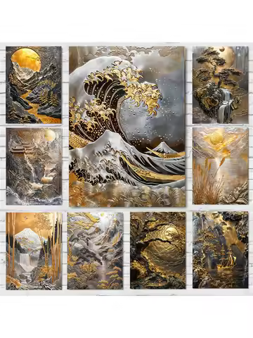 Japanese Gold Silver Platinum Art Poster Metal Abstract Not 3D Prints Canvas Painting Wall Art Pictu