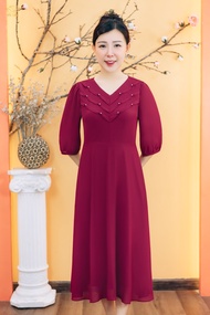 Đầm xòe trung niên cho mẹ - Cổ tim kết ngọc tay lỡ - Đỏ - TTV Store thời trang nữ TTV1881