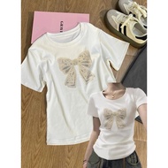 PUTIH Xiaozhainv Latest Women's Tops | Modern Women's T-Shirts | Latest Women's Tops | Women's Short Top Korean Style Crop T-Shirt Women's Top | Modern Girls T-Shirts | Cute Lace Bow Print Fashion T-shirt | White Women's T-Shirt