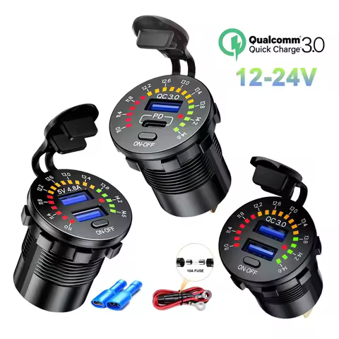 36W USB QC3.0& PD Type C Car Charger Socket with Digital Voltmeter Switch Outlet Fast Charger for 12