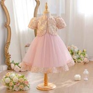 Young Girl 2 Pieces Set: Woven Jacquard Jacket And Spliced Woven Jacquard Mesh Fusion Dress,Gorgeous