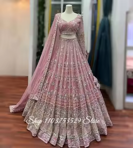 Customized Blush Pink Exquisite Indian Bridal Gown Luxurious Crystal Indian Sari Indian Lehenga Chol