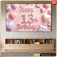 Lightweight 13th Birthday Party Banner Pink Theme Party Decoration Polyester Material Glitter Design