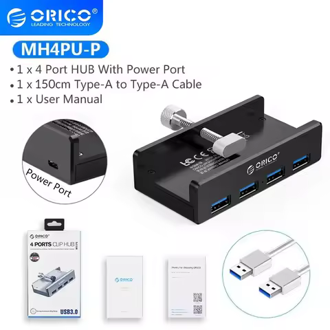 ORICO USB 3.0 Hub Clip Design Aluminum Alloy 4 Ports USB 3.0 HUB Travel Charger Charging Hub Station