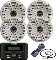 Kicker Weather-Resistant Marine Bluetooth USB RCA Stereo Receiver Bundle Combo with (Qty 4) 6.5" 2-Way 195W Max Coaxial Marine Speakers w/White Salt Water Grilles, 50-Ft 16-Gauge Wire, Antenna