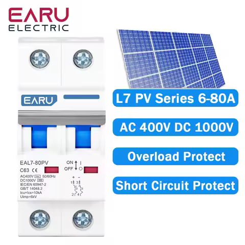 2P DC 1000V AC 400V MCB Solar PV Mini Circuit Breaker 6A-80A Overload Protection Short Circuit Prote