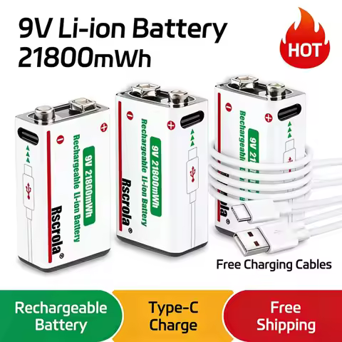 Long-lasting 9V Battery 21800mWh Rechargeable Li-Ion 9V Battery USB-C Charging Cable Longlife for Ca