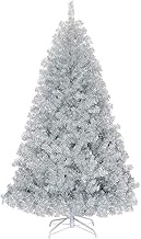 ANSACA 6ft/7.5ft Silver Tinsel Artificial Christmas Tree, Unlit Hinged Spruce Full Tree with 1036/1258 Branch Tips and Metal Stand, Easy Assembly, 6FT Holiday Xmas Tree Indoor Outdoor
