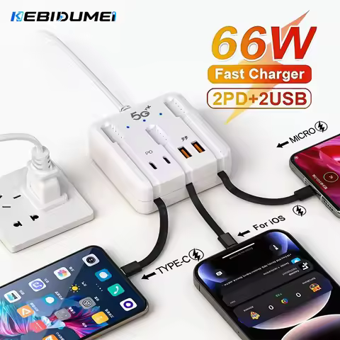 KEBIDUMEI 66W Multi-Function Socket Type C Phone Charger USB Charger PD Fast Charging Wall Charger U