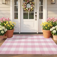Spring Pink and White Plaid Rug, 3' x 5' Cotton Blend Layered Doormat Rug for Front Door, Hand-Woven
