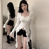 Trending Hot Girl Asymmetrical Top Long Sleeves Ruffles Top Square Neck Top Korean Style Slim Fit