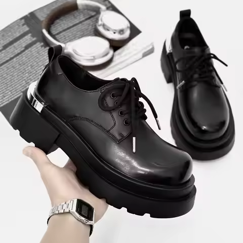 Original Square Head Leather Shoes for Men 2025 New British Style Platform Height-increasing Wedding