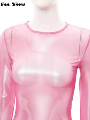 Women Sheer Mesh Dress Long Sleeve Metallic Glossy Maxi Dress See Through Maxi Dress Fun Underwear N